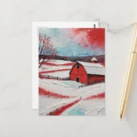 Red winter barn postcard