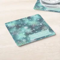 Prettiest Snowflakes Pattern Teal ID846 Square Paper Coaster