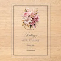 Transparent Pink and Gold Floral Wedding Acrylic Invitations