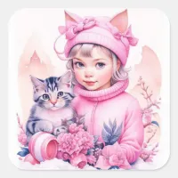 Vintage Pink Little Girl and Kitten Christmas