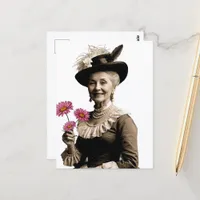 Smiling Vintage Grandmother With Pink Flowers Postcard