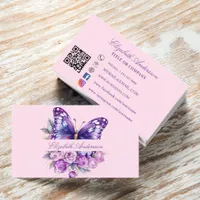 Butterfly pink purple QR code social media Business Card