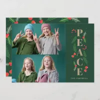 Green Pine Holly Berry Gold Peace Multiple Photo  Holiday Card