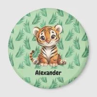 Cute Cartoon Tiger on Tropical Leaves Magnet