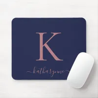 Modern Navy Blue Rose Gold Monogram Script Mouse Pad