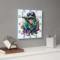 Frog partying on a skateboard with drinks! square wall clock