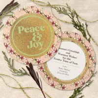 Peace and Joy, Pink, Green, and Gold Poinsettia  Holiday Card