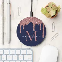 Navy Blue Rose Gold Glitter Drips Sparkle Monogram Wireless Charger