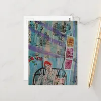 1950s children playing and woman in swing collage postcard