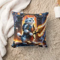 Warrior Cat in Flame-Illuminated Fortress Throw Pillow