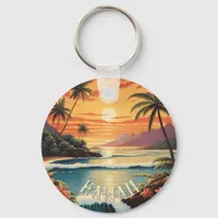 Vintage Hawaii Sunset Painting Sea Beach Towel Keychain