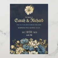 Elegant Navy & Gold Foil Floral Wedding Foil Invitation Postcard