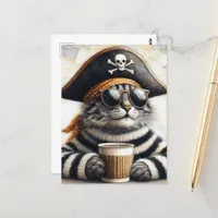 Pirate cat in fuzzy sweater with a coffee postcard