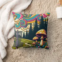 Psychedelic Disc Golf Basket and Retro Mushrooms Throw Pillow