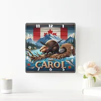 Rustic Wood, Canadian Beaver, Ocean Square Wall Clock