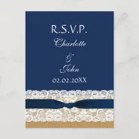 FAUX burlap and lace ,navy blue ribbon RSVP Invitation Postcard