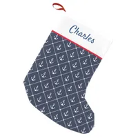 Nautical Navy Blue and White Anchors Patterned Small Christmas Stocking
