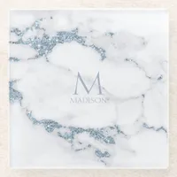 Modern Marble Glitter Monogram Dusty Blue ID816 Glass Coaster