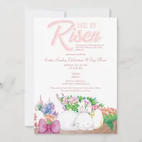 Rustic Pink Bunny He Is Risen Religious Easter Invitation