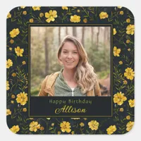 Elegant Yellow Buttercup Flower Photo Birthday Square Sticker