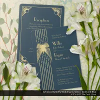 Art Deco Butterfly Blue and Gold Wedding  Invitation