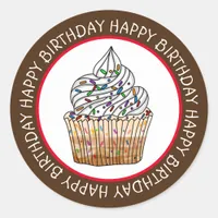 Happy Birthday Cartoon Vanilla Cupcake   Classic Round Sticker
