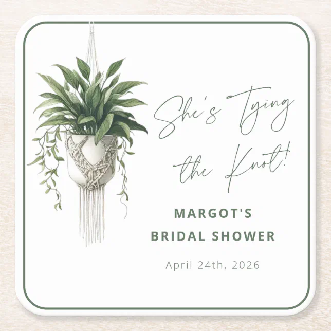 Boho Chic Botanical "Tie the Knot" Bridal Shower Square Paper Coaster