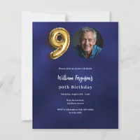 Navy blue gold photo 90th birthday invitation