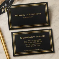 Double Gold Foil Border Black Minimal Business Cards