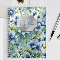 Elegant Blue Floral Watercolor with Silver Plaque Notebook