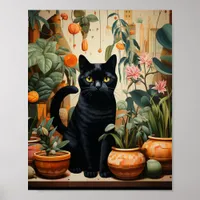 A Black Cat With Houseplants Poster