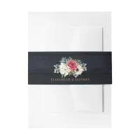 Rustic Navy Wood Elegant Red Floral White Wedding  Invitation Belly Band