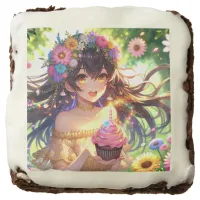 Pretty Anime Girl's Birthday Cupcake Brownie