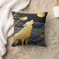 Golden Wolf Howling Under A Full Moon Throw Pillow