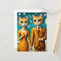 Adorable cat couple surreal flowers postcard