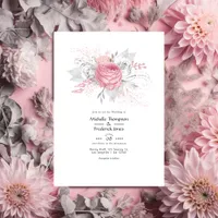 Pink and Faux Foil Silver Floral Wedding Invitation