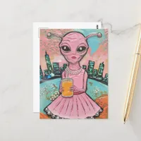 Surreal Lady Alien in Pink With Orange Juice Postcard