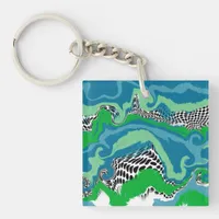 Blue, Green, Black and White Abstract Fluid Art    Keychain