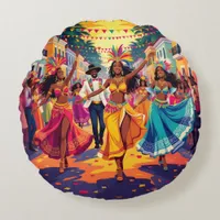 Feliz Carnaval de Rio Colorful Dancers Celebration Round Pillow