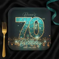 Elegant Teal and Gold Stained Glass 70th Birthday Paper Plates