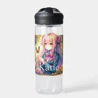 Anime Girl and Butterfly Watercolor Personalized Water Bottle