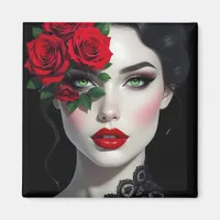 Beautiful Woman with Red Rose Magnet