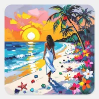Woman on Beach Tropical Scene Square Sticker
