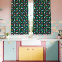 Kitsch Floral Cherries Teal Kitchen Curtains