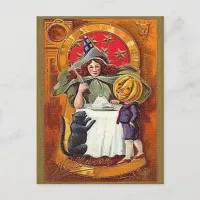 Wintage Halloween Witch and Pumpkin Head Boy Postcard