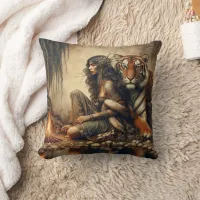 Native American Woman With Tiger By Campfire Throw Pillow