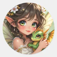 Cute Anime Fairy and Chibi Dragon  Classic Round Sticker