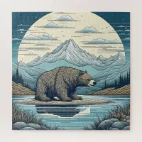 Bear, Mountains, Lake, Full Moon Ai Art Jigsaw Puzzle