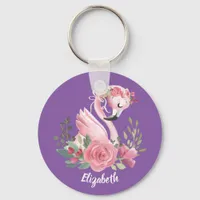 Girly Pink Flamingo Floral Roses Name Keychain