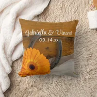 Orange Daisy and Horseshoe Country Western Wedding Throw Pillow